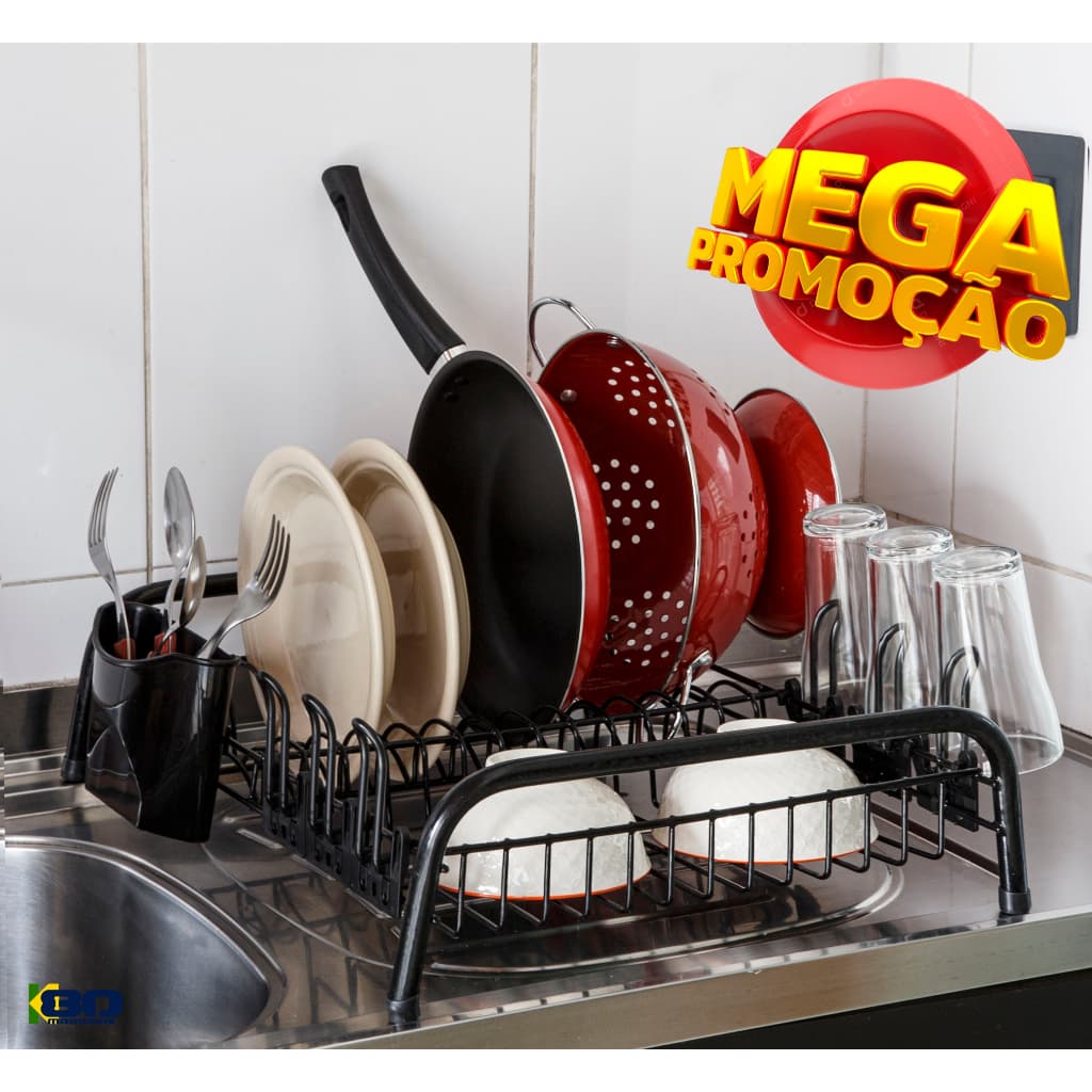 Escorredor de Louça All Black 12 Pratos Porta 6 Copos & Porta Talher Embutido