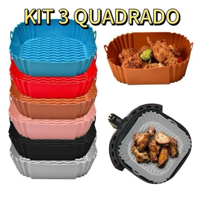 Kit 03 Formas de Silicone Grande Quadrada Antiaderente Assadeira Air Fryer e Forno para Fritadeira Elétrica com Alça