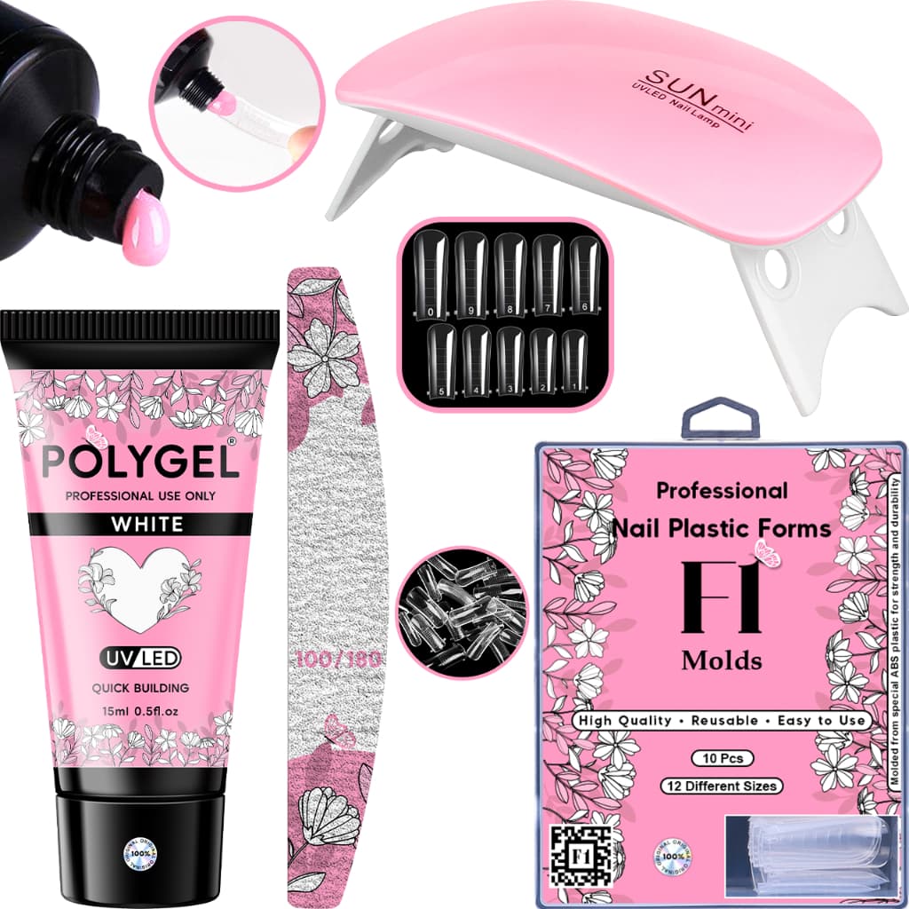 Kit Alongamento Poligel Polygel + Molde F1 + Lixa + Mini Cabine de Unha
