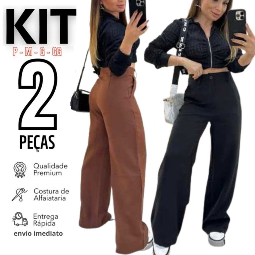 Kit 2 Calça Alfaiataria Premium Cintura Alta com Bolso Promoção