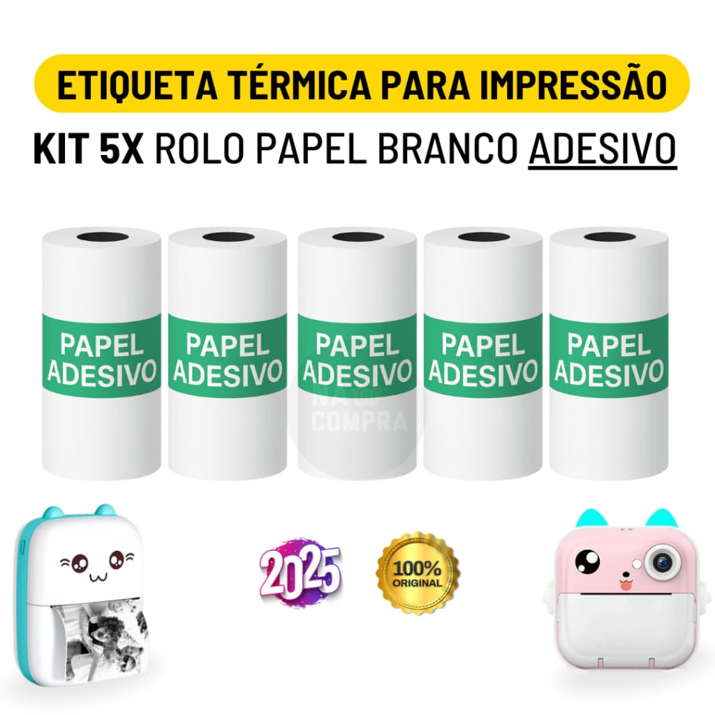 Kit 5 Bobina Etiqueta Térmica Adesiva 57x30mm Branco Rolo para Mini Impressora Portátil
