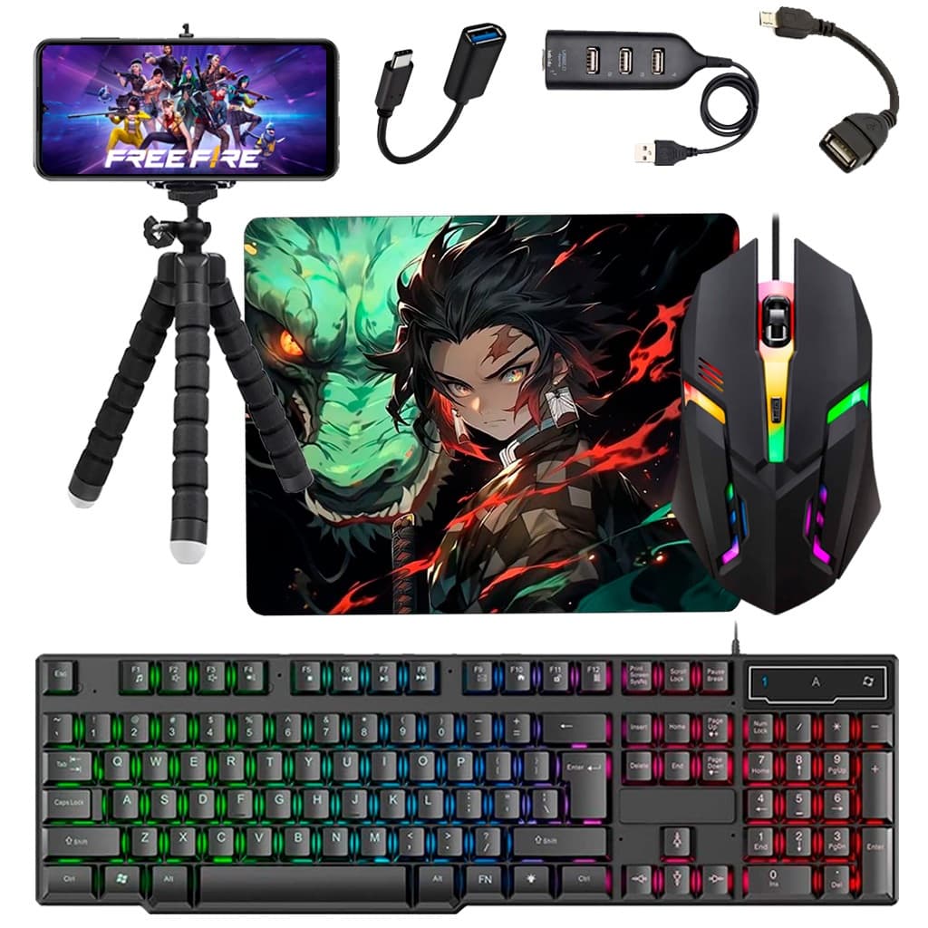 Kit Mobilador Completo 7 Peças Teclado Mouse Gamer Rgb Mouse Pad Hub Tripe Otg Micro e Tipo C