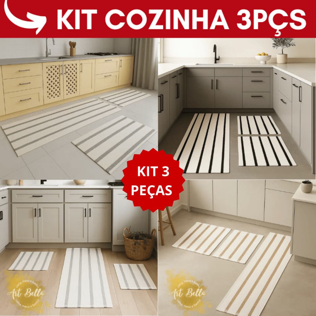Jogo de Passadeira de Cozinha Algodão 3 Peças Decoração Luxo