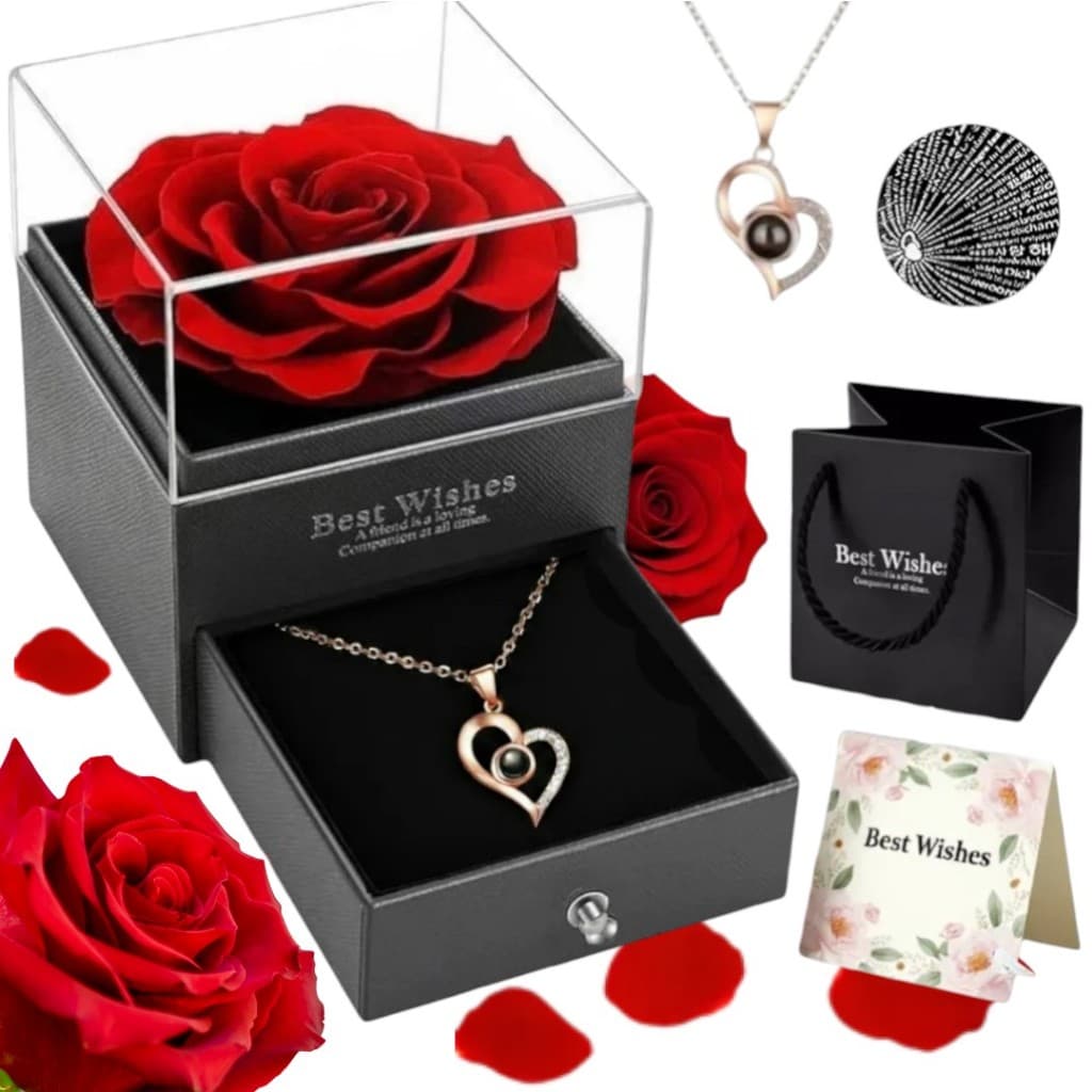 Rosa Eterna Preservada Caixa Presente e Colar Feminino Eu Te Amo 100 Idiomas Mãe Esposa Namorada Presente Dia da Mulher