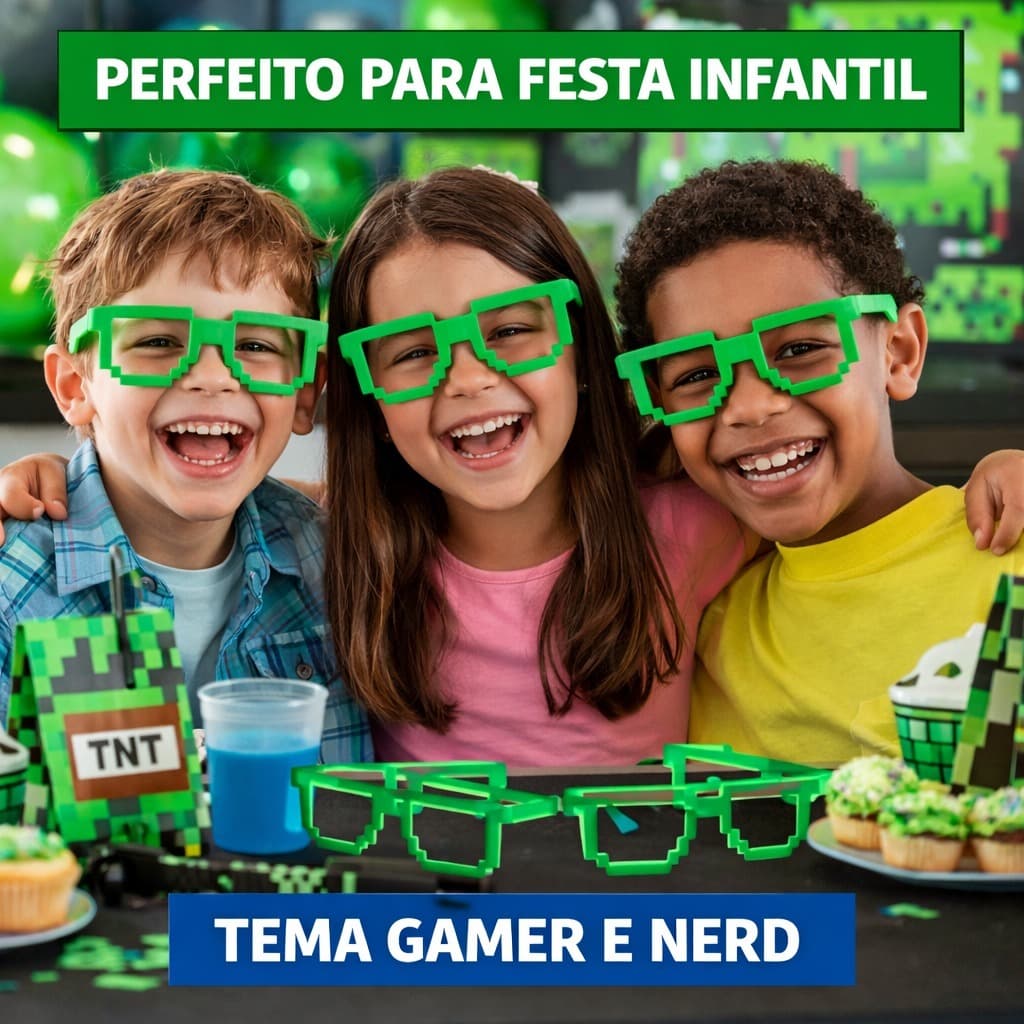 Kit Óculos Gamer Craft Infantil Verde-Color Festa Gamer Pixels 8-Bit Nerd Atari Lembrancinha Aniversário