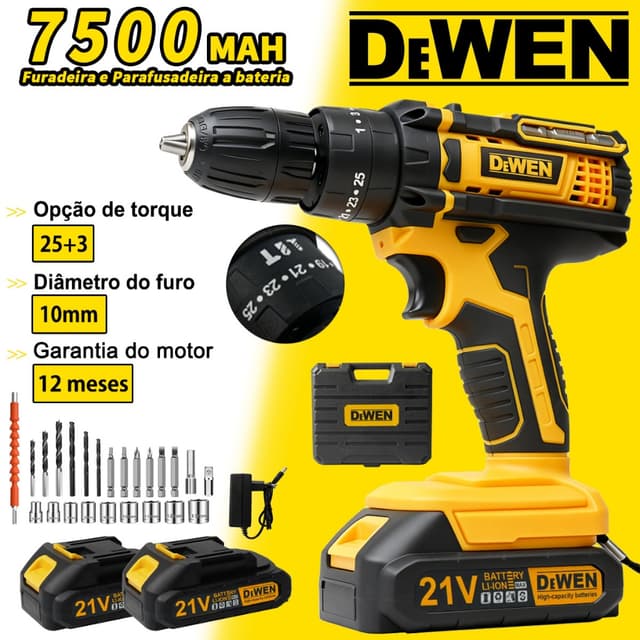 Parafusadeira Furadeira de Elétrica Sem Fio Impacto 2Bateria 3 Funções Kit Completo Acessórios 28pcs