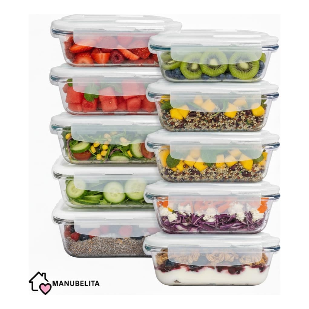 Conjunto de 10 Potes de Vidros 640ml Hermeticos para Marmitas Fitness com 4 Travas Forno Microondas Airfryer Manubelita