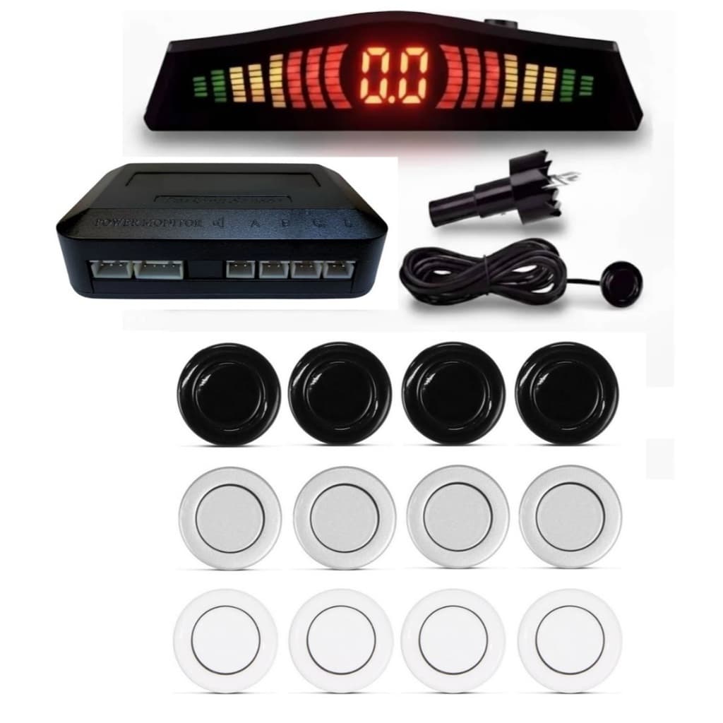 Sensor de Ré Estacionamento 4 Pontos Universal Preto Prata Branco