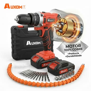 Auxom Parafusadeira e Furadeira 21v 2 Baterias com 24 Bits - Maleta, Impacto, com Motor 100% Cobre
