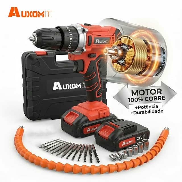 Auxom Parafusadeira e Furadeira 21v 2 Baterias com 24 Bits - Maleta, Impacto, com Motor 100% Cobre