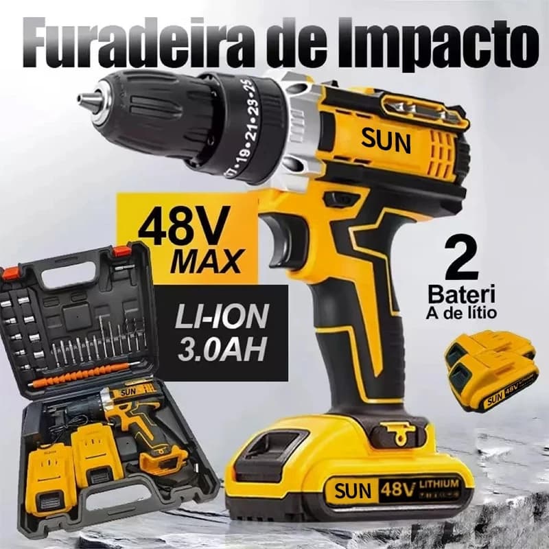 Parafusadeira Furadeira de Impacto Sem Fio 48v 1/2 Baterias com Maleta e Acessórios Completo