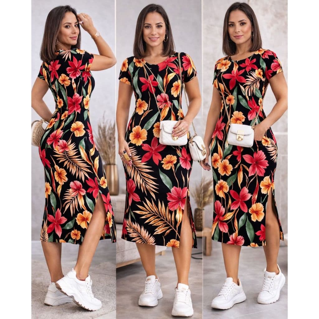 Vestido Mais Vendidos Midi Casual Moda Feminina Festa de Bolso e Fenda Lateral Modelo