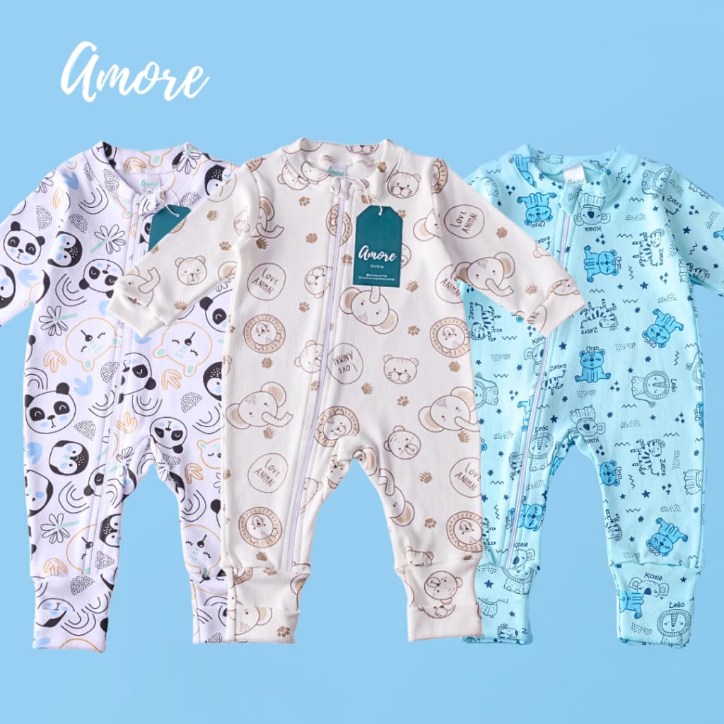 Kit 3 Macacões Bebê Amore Vira Pé com Zíper Mais Vendidos Menino 100% Algodão