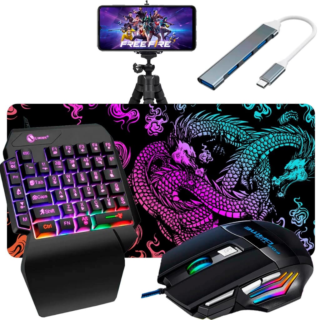 Kit Mobilador Completo Hub Tipo C Mouse Gamer Teclado Uma Mão Mouse Pad Tripe