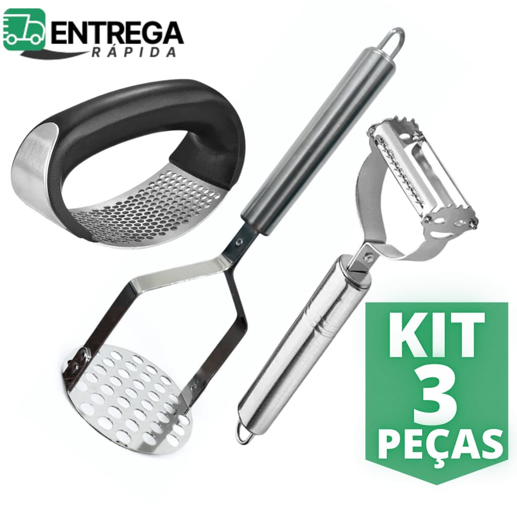 Kit 3 Utensílios para Cozinha Inox – Triturador de Alho, Cortador de Legumes e Amassador de Batata