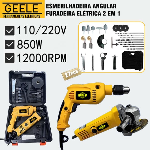 Kit Furadeira Parafusadeira e Lixadeira Esmerilhadeira 850w 12000rpm e Maleta de Transporte com Acessórios Geele