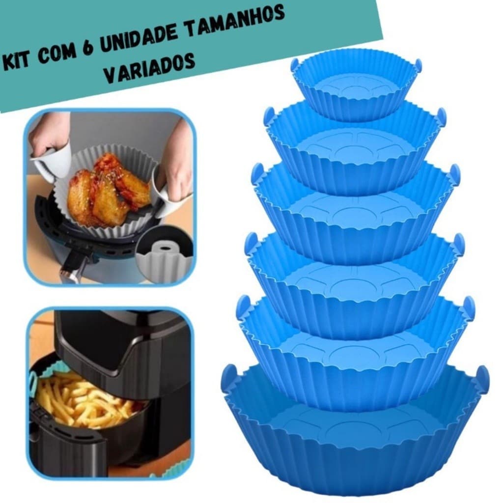 Kit 6 Formas Airfryer Tamanhos Variados Silicone Antiaderente Microondas Lavável com Alça