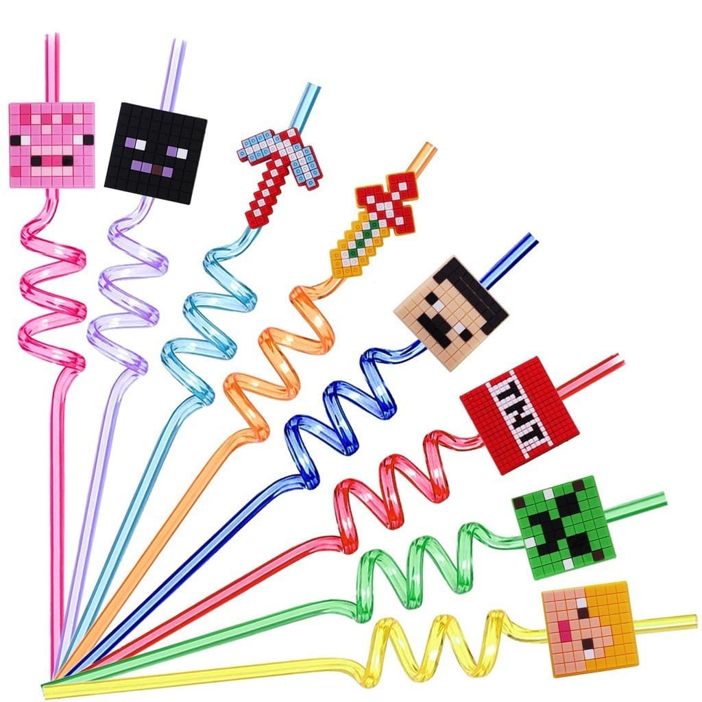 8 Peças Canudos de Pixel Minecraft de 26cm Canudos de Plástico Reutilizáveis em Espiral Adequados para Decoração de Suco
