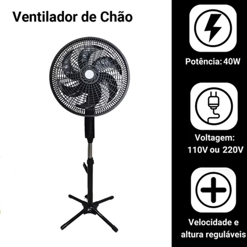 Ventilador de Pé/Chão 18 Polegadas Turbo Ajustável de Altura 3 Velocidades 110 Ou 220v Fs101