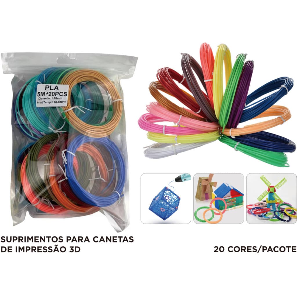 Refil Filamento Pla Kit 20 Rolos 100 M Pra Caneta 3d