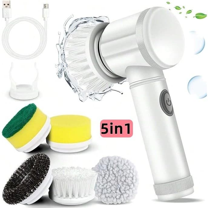 Kit Escova Eletrica de Limpeza 5 em 1 Sem Fio Limpador Multiuso Pratico para Cozinha Banheiro Prático & Refil de Escova