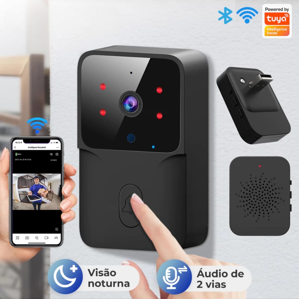 Campainha Wi-fi Inteligente Câmera HD Visão Noturna App Tuya Alexa Interfone Sem Fio Ao Ar Livre