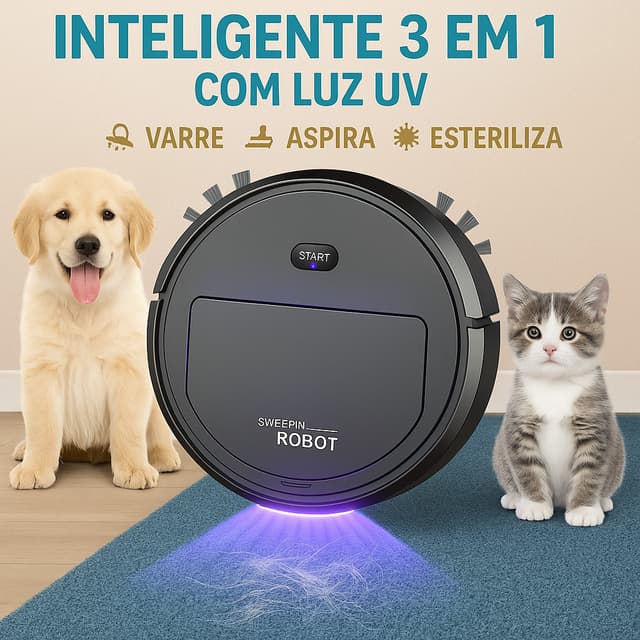 Robô Aspirador Inteligente 3 em 1 P/ Casa com Pets – Varre, Aspira e Esteriliza com Luz Uv
