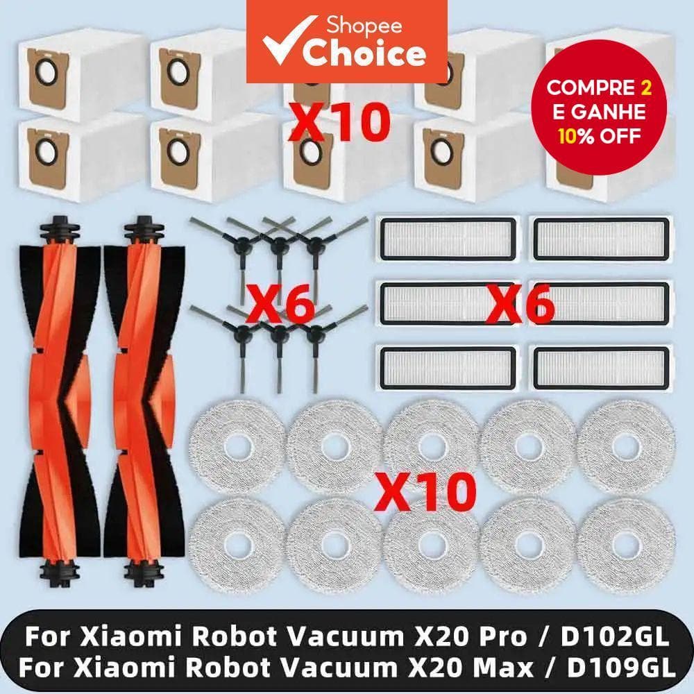 Compatível com Aspirador Robot Xiaomi X20 Pro / X20 Max / D102gl / D109gl: Escova Lateral, Filtro Hepa, Mop Pad e Saco