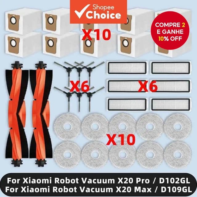Compatível com Aspirador Robot Xiaomi X20 Pro / X20 Max / D102gl / D109gl: Escova Lateral, Filtro Hepa, Mop Pad e Saco