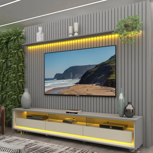 Rack com Painel Ripado para Tv de Até 90 com Led, 3 Gavetas e Rodízios Cinza/off White
