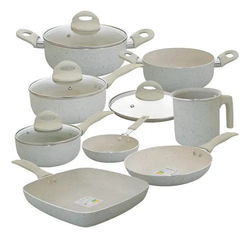 Jogo de Panelas Casambiente 8 Peças Revestimento Cerâmico Antiaderente Creme