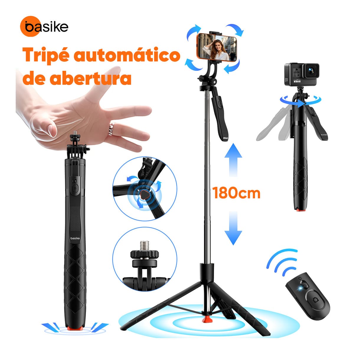 Basike Pop-up Automático Tripé Celular Universal Estável 360° para Celular、Câmera、Vlog e Gopro,Tripé Celular Profissional Universal Bastão Selfie com Controle Remoto Bluetooth