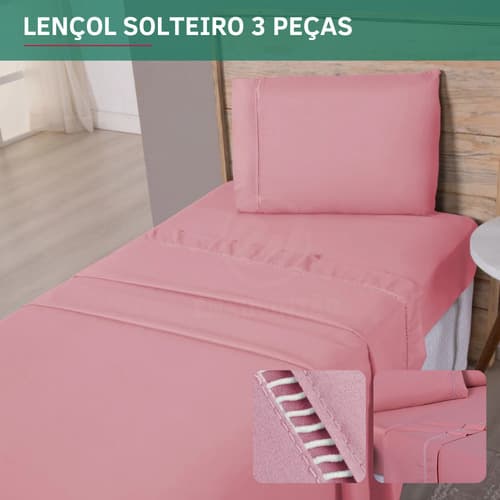 Jogo de Cama Solteiro 3 Peças Percal 400 Fios Fronha Ponto Palito Lençol Elástico Toque Aveludado Cor Rose Premium