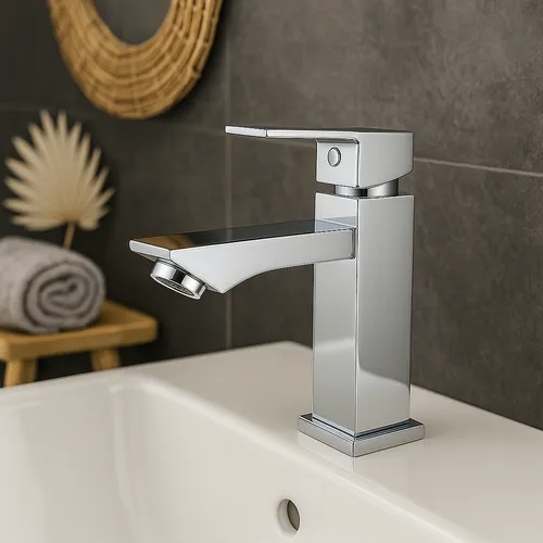Torneira para Banheiro e Lavabo Fria Quadrada 1/4 Volta Cor Cromada Luxo Metal Inox Lavatorio Bica Tkla Cromado Brilhante
