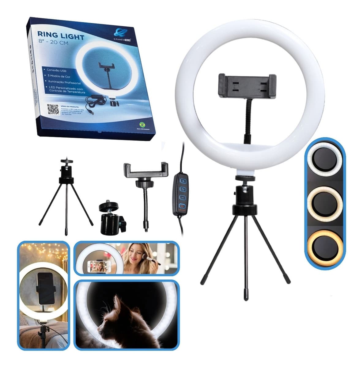 Luz para Gravar Videos + Suporte Celular+tripe Mesa Envio24h Estrutura Preto Luz Branco-quente/ Branco-frio/neutro