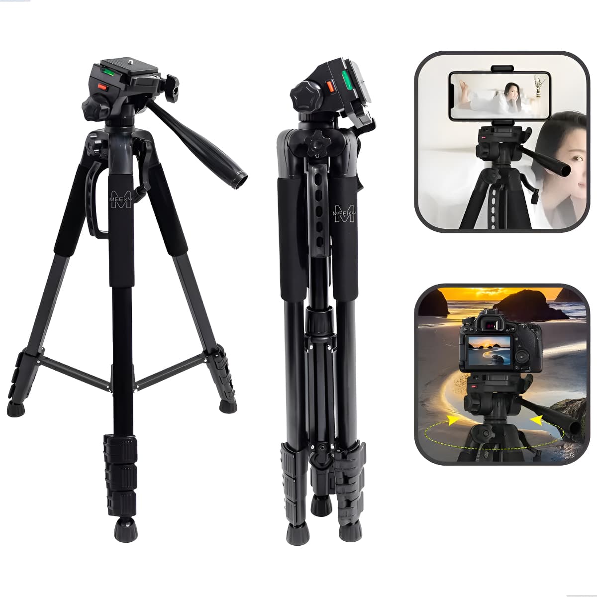 Tripé Profissional Meeky 1,40m para Celular e Câmera Dslr Cabeça Hidráulica Panorâmica 360° com Bolsa Portátil e Suporte Universal Ideal para Vídeos, Vlogs e Lives