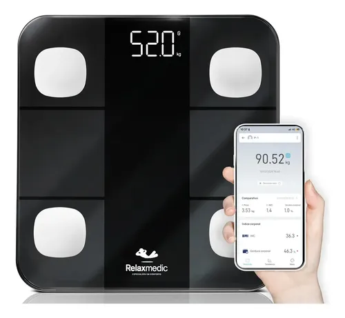 Balança Digital Corporal Bioimpedância Aplicativo Bluetooth Relaxmedic Preta
