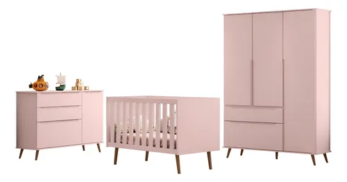 Quarto Completo Phoenix Baby Rosê com Berço, Cômoda e Guarda-roupa Mdf