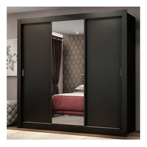Guarda Roupa Casal Mônaco Madesa 3 Portas Correr Espelho P Cor Preto