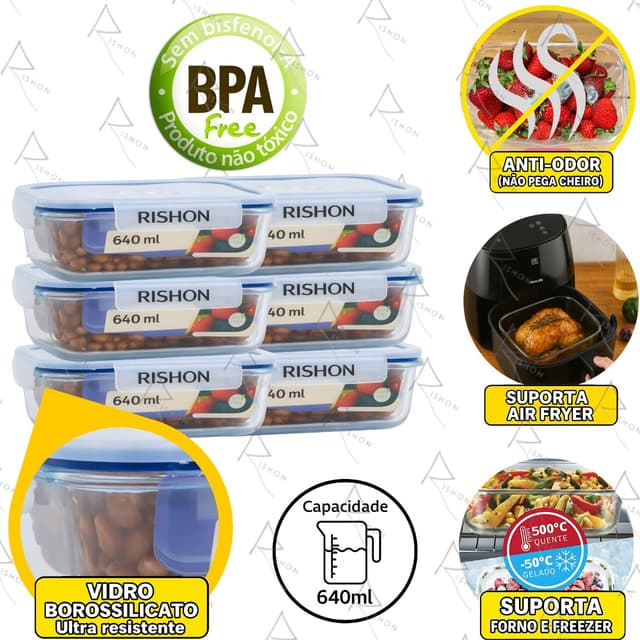 Kit 6 Pote de Vidro Marmita Hermético 640ml Freezer Fitness Rishon