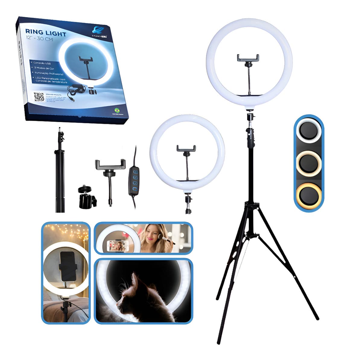 Ringh Light 12 Polegadas 30cm Celular Tripé 2,10m Estrutura Preto Luz 03 Três Cores