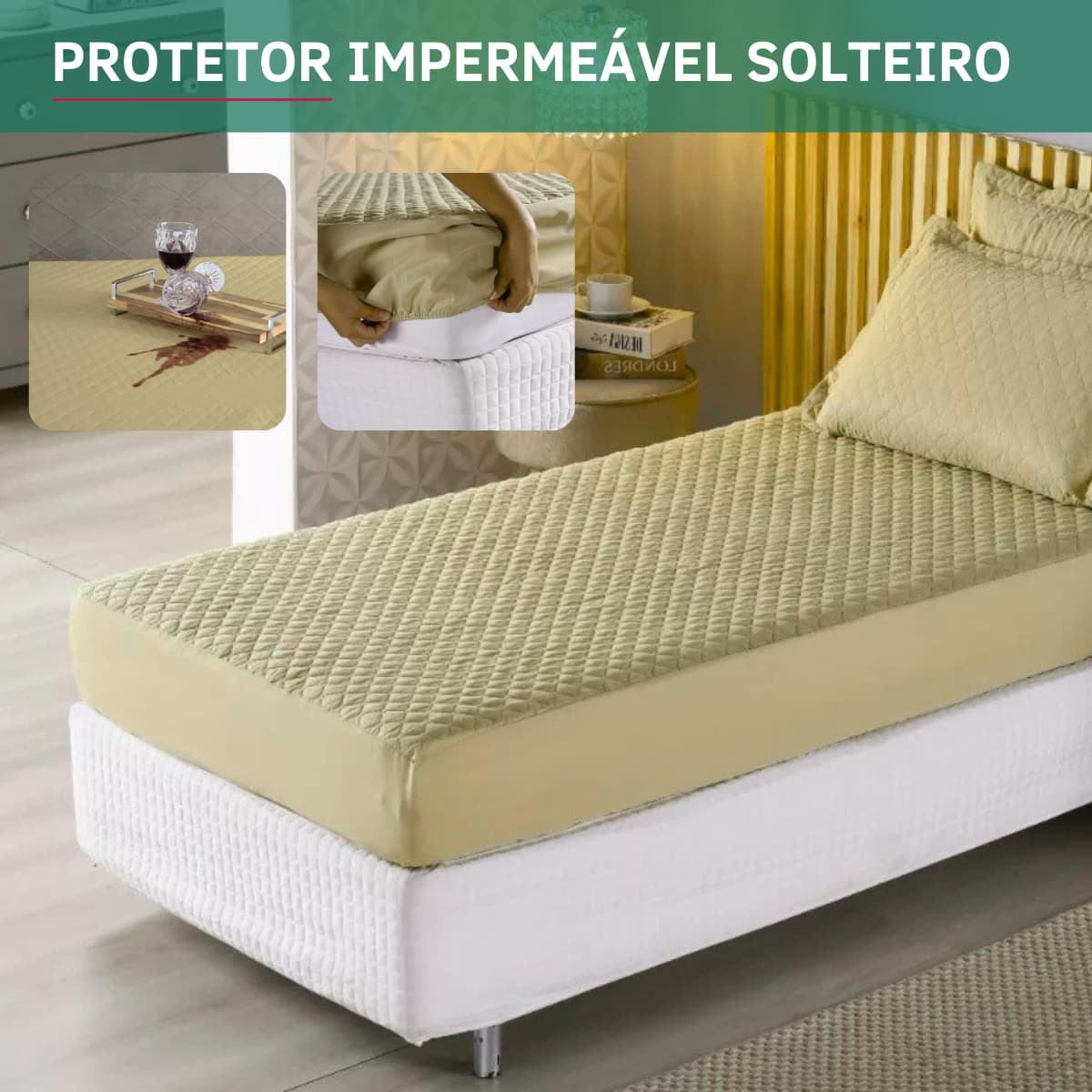 Protetor de Colchão Impermeável Matelado Solteiro Antialérgico Antiácaro Toque Macio e Suave Premium Caqui