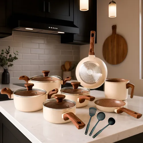 Jogo de Panelas Cerâmico Antiaderente Indução 10 Peças Bege