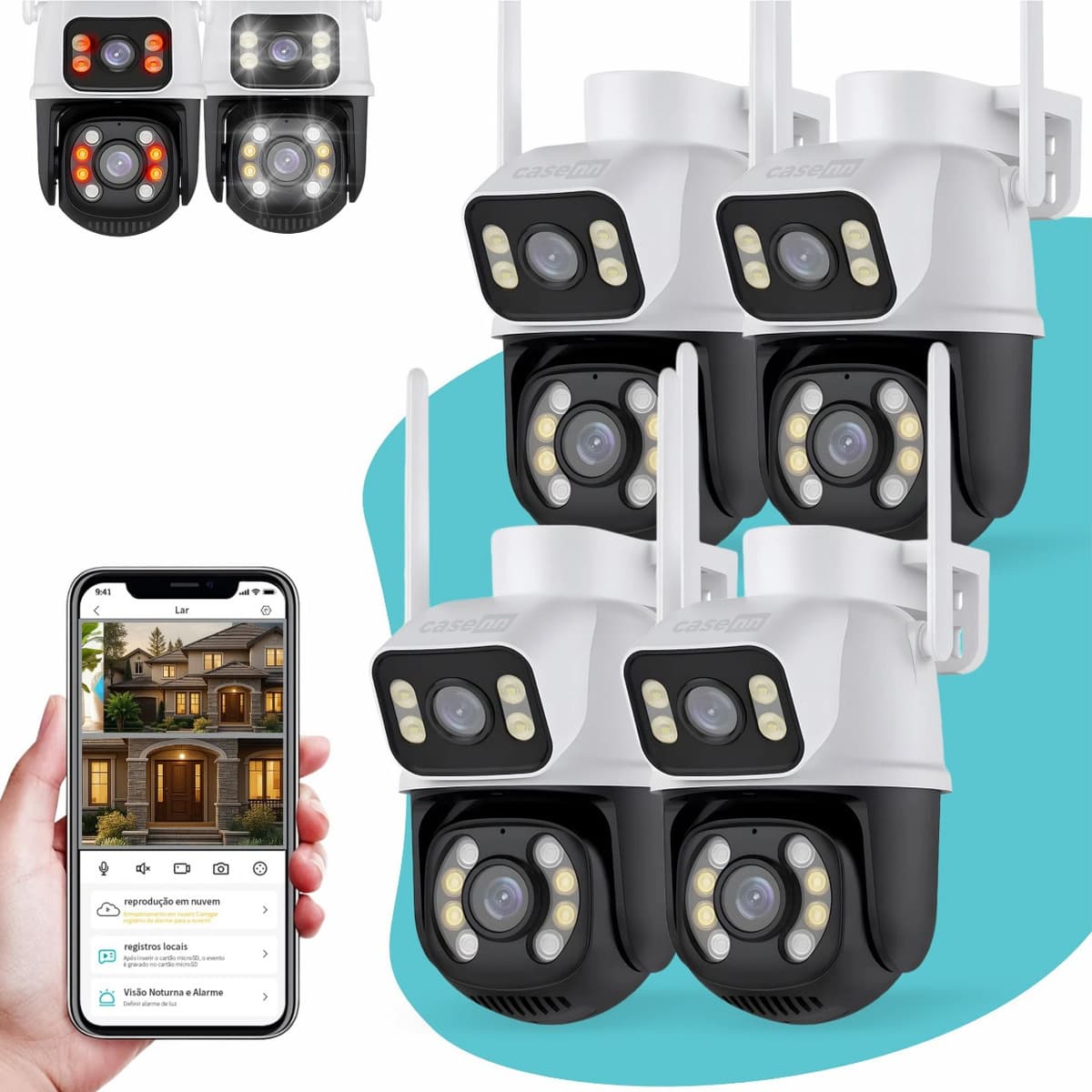 Kit 4 Câmera Segurança Ip Externa Wifi A28 A31 App Icsee Prova Dagua Ip66 Dome Lente Dupla Lentes 2 em 1 Vigilancia Visão Noturna Infravermelho Casenn