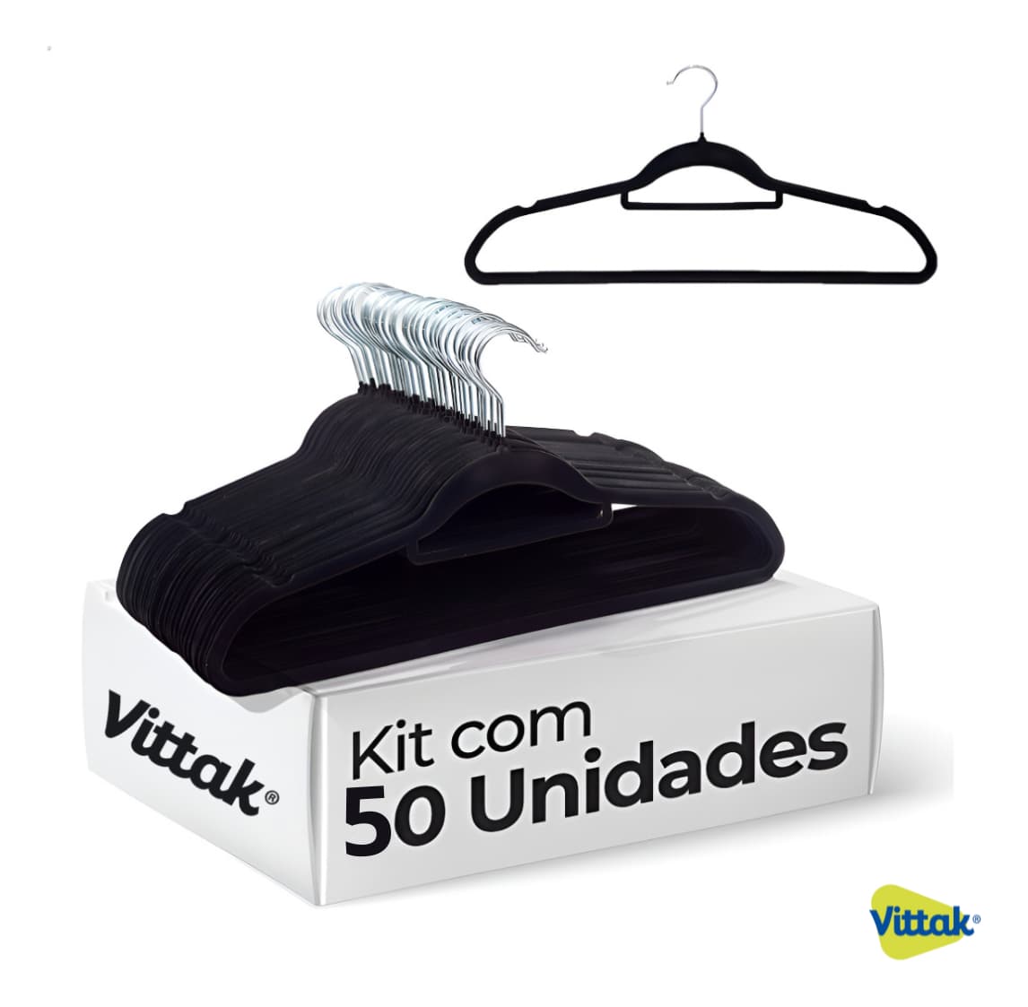 Vittak Kit 50 Cabides Veludo de Roupa Antideslizante Slim Adulto Cor Preto Utensílios de Uso Doméstico