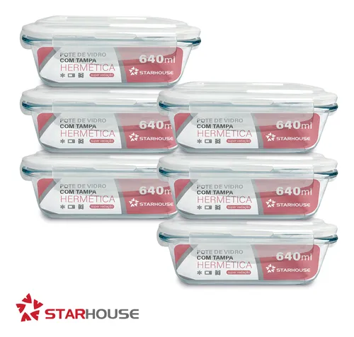 Kit 6 Potes 640ml Vidro Hermético 4 Travas Marmita Refratario Star House Branco