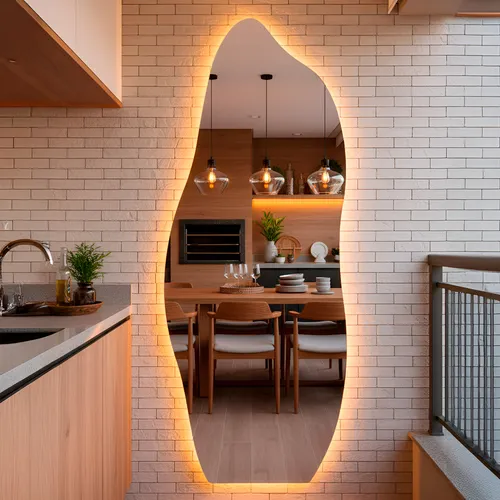 Espelho Orgânico com LED 150x50 Cm para Sala Quarto Banheiro Moldura Flame LED Quente