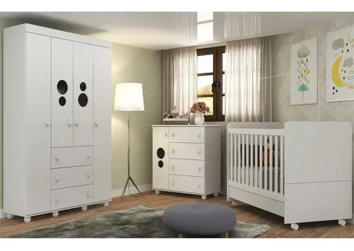 Quarto Bebê Completo Infantil com Guarda-roupa Cômoda Berço e Colchão Incluso Pimpolho Multimóveis Branco 3 Anos de Garantia