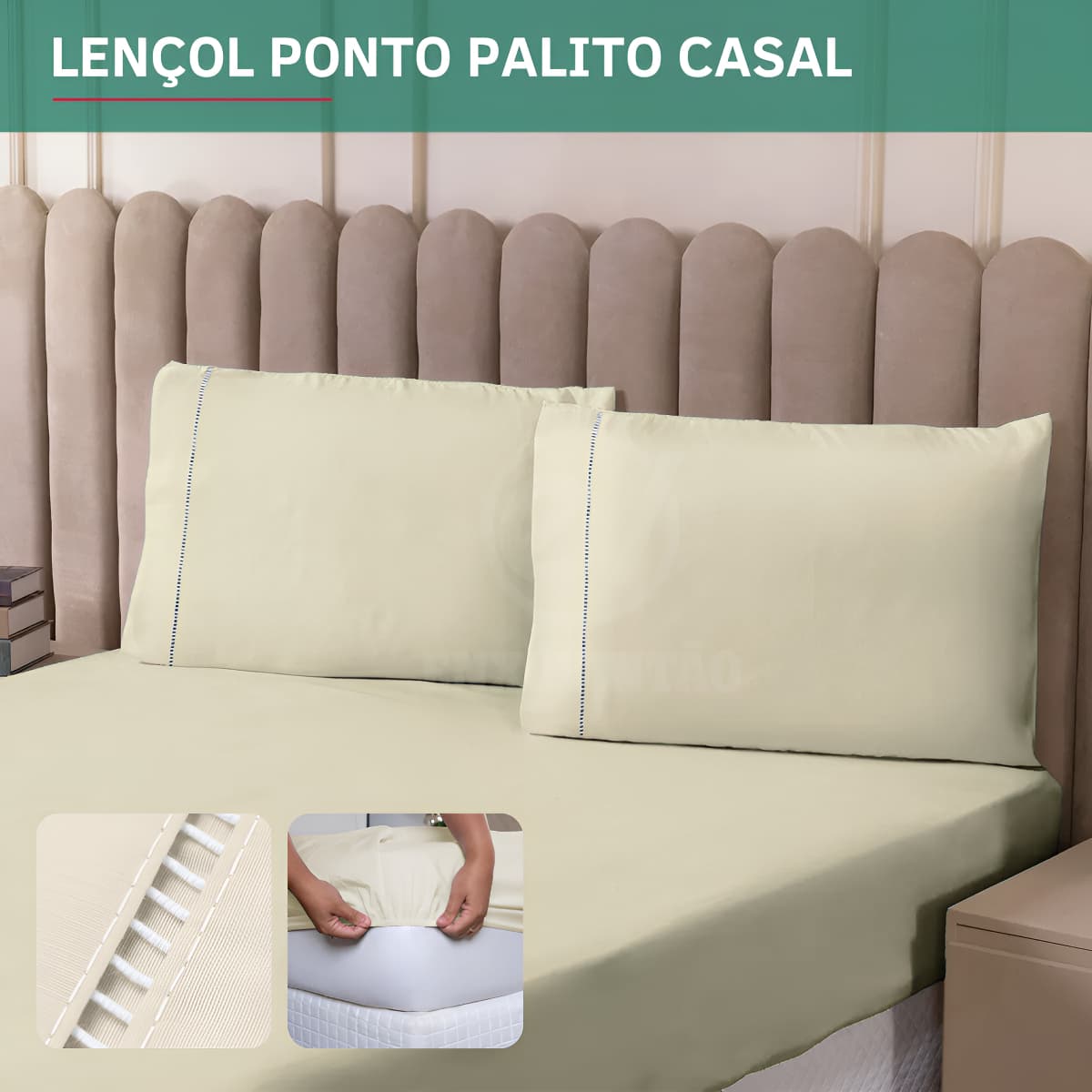 Kit Jogo de Lençol Casal Ponto Palito 400 Fios C/ Fronha 3 Peças Toque Macio Suave Confortável Cor Palha