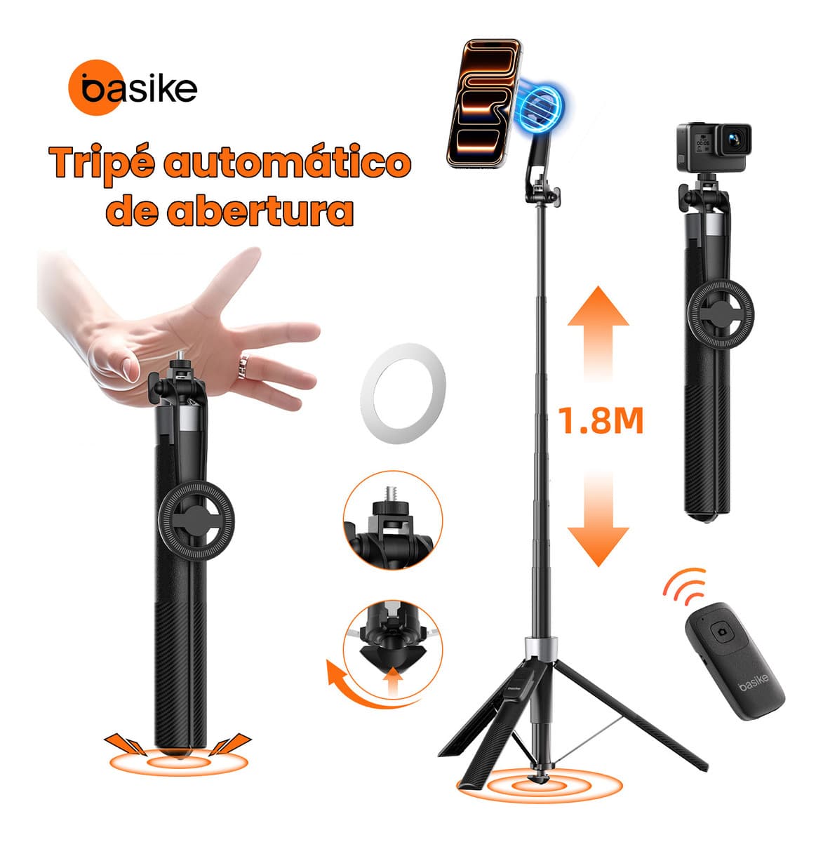 Basike 1.8m Tripé Magnético Autoabre, Tripé Celular Universal Portatil com Controle Remoto Bluetooth, Anel Magnético Adesivo e Rosca 1/4, Bastão de Selfie para Celular,Câmera e Gopro
